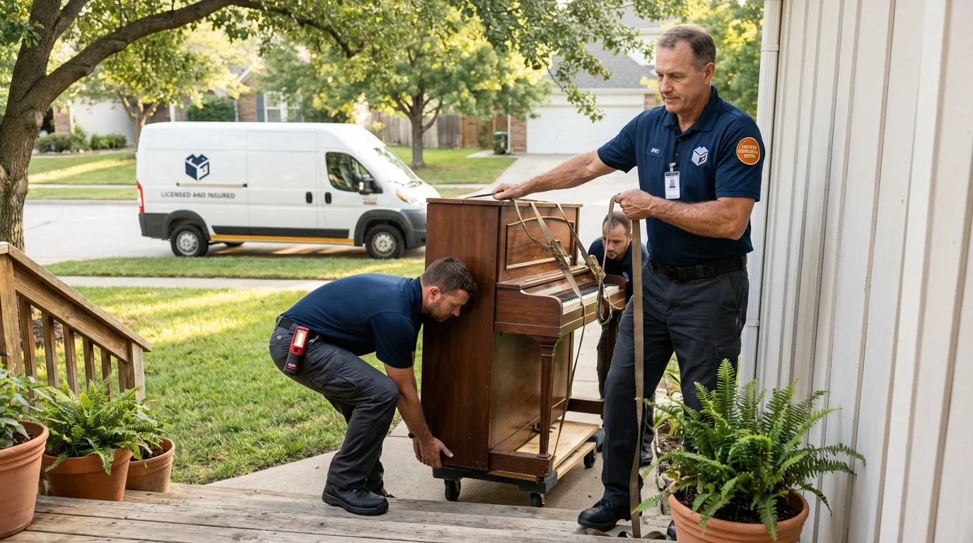 Licensed piano movers securing grand piano in East Quogue, NY