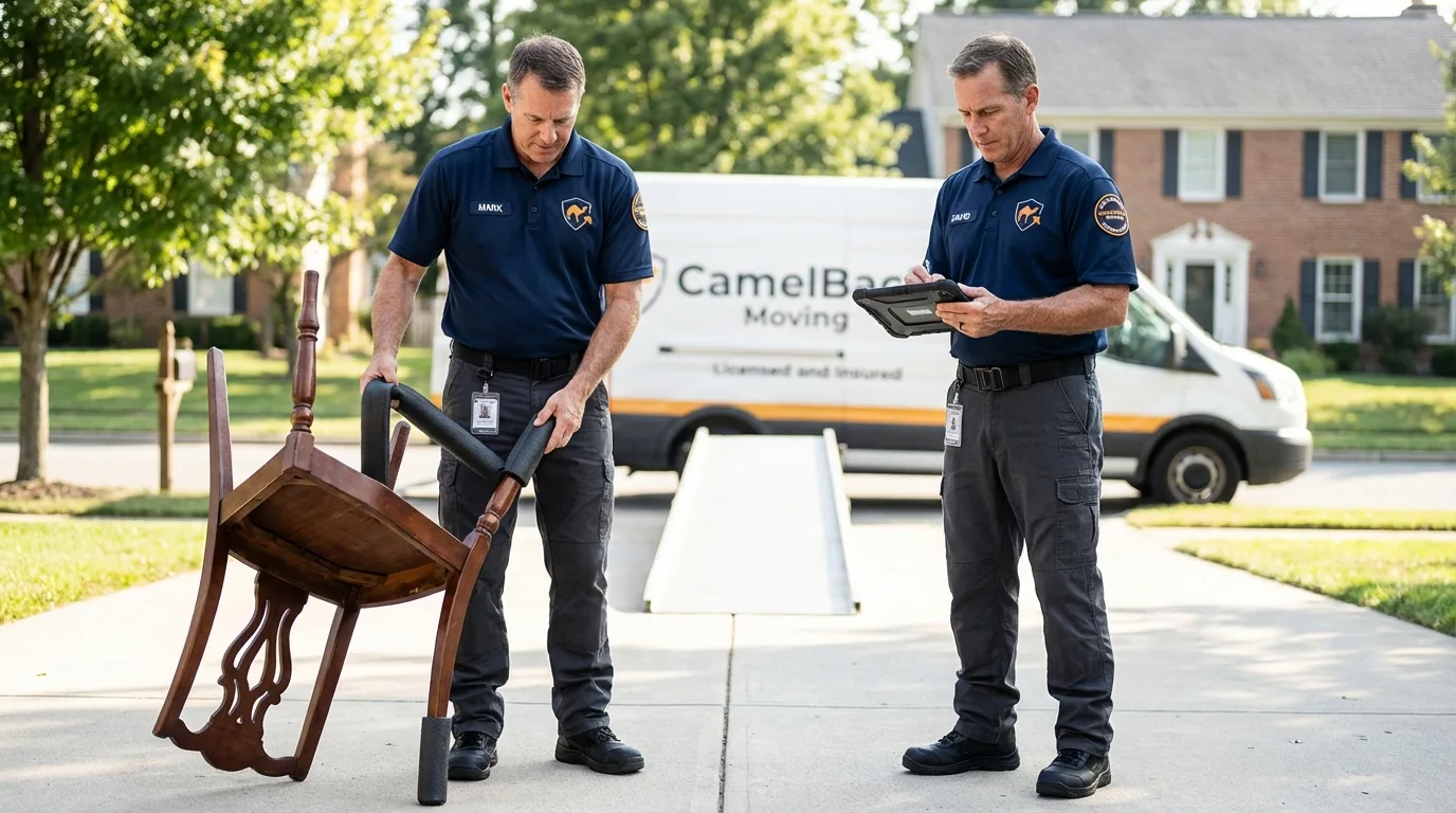 Movers inspecting furniture for damage prevention before loading in East Quogue, NY