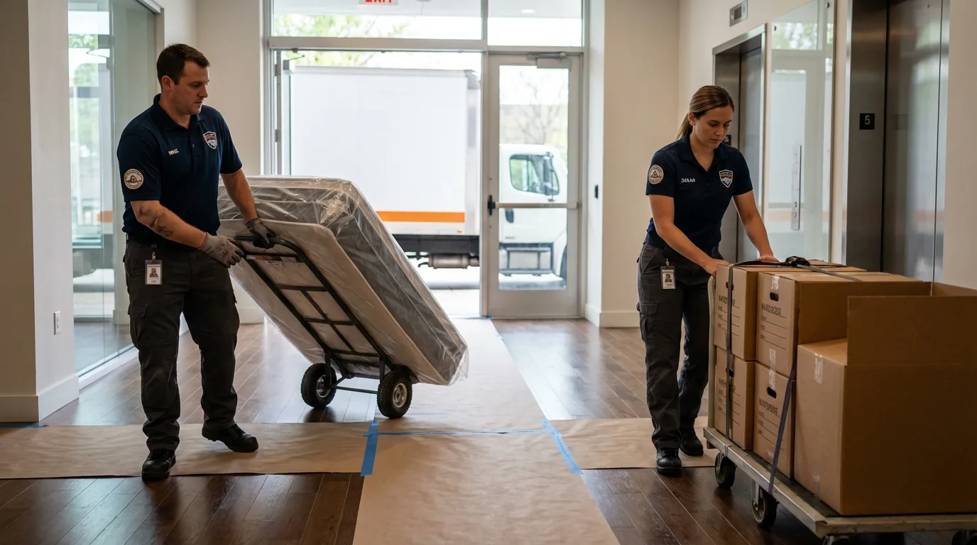 Professional apartment movers loading elevator in East Quogue, NY