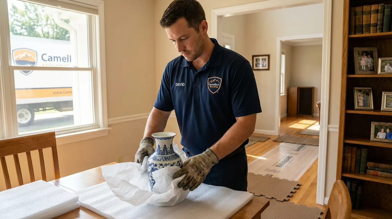 Professional crew carefully wrapping antique vase for senior downsizing move in East Quogue, NY