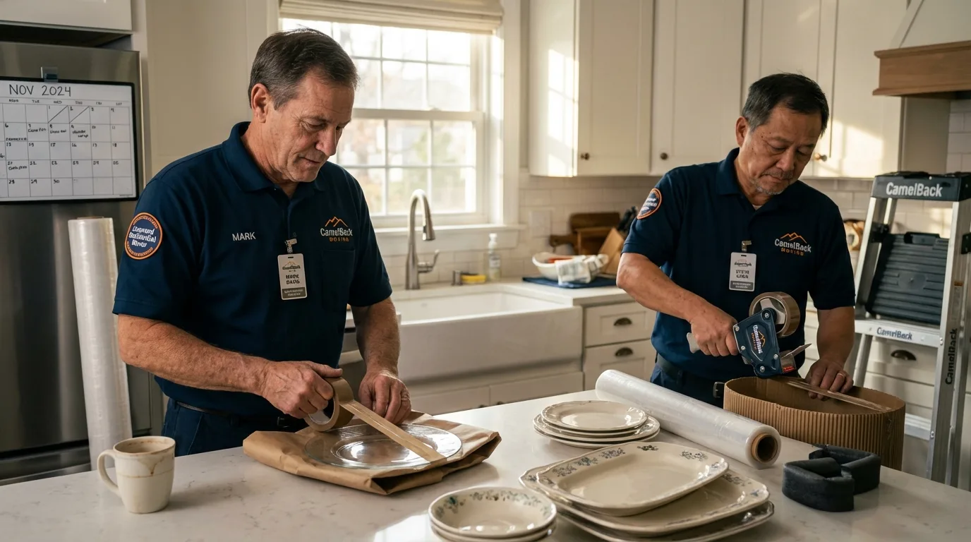 Professional crew packing kitchen dishware in East Quogue, NY
